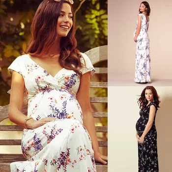 

Women's Floral Short-Sleeved V-Neck Maternity Dress Women Pregnant Long Dress Summer Boho Dresses ropa mujer verano 2020