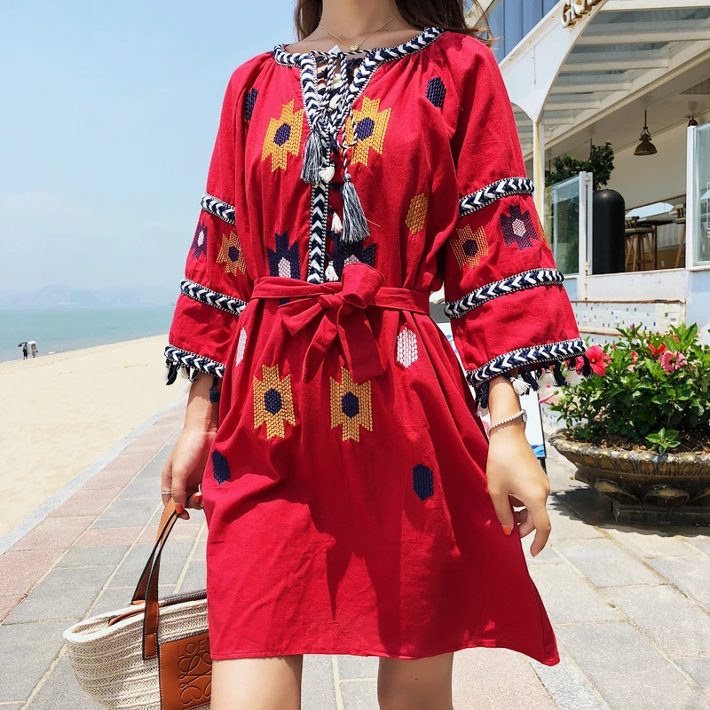 Boho шикарное женское винтажное пляжное богемное хлопковое мини-платье с цветочным принтом, Дамское летнее платье с круглым вырезом vestidos
