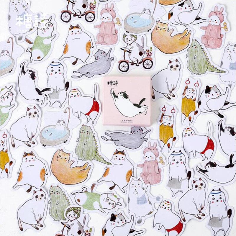 

45Pcs/Pack Cute Obese Cat Boxed Diary Stickers Decoracion Scrapbooking Flakes DIY Office Stationery School Supplies