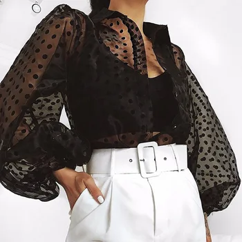 

2020 Sexy Perspective Women Blouses Polka Dot Chiffon Mesh See-through Tops Elegant Long Puff Sleeve Casual Lace Tee Shirts