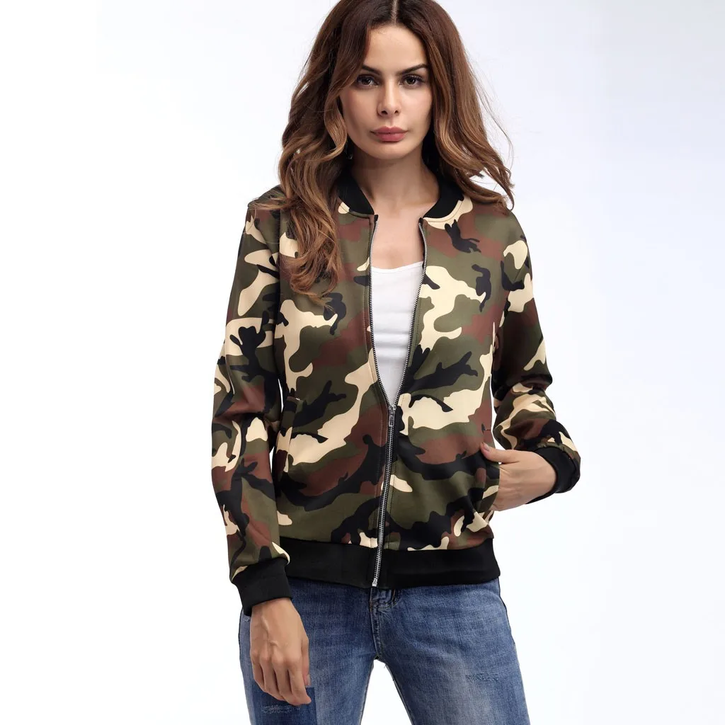 

Women's Camouflage Print Blouse Fashion Baseball Coat Zipper V-neckline Jacket Outwear Female Autumn Spring Jacket Ladies Y829