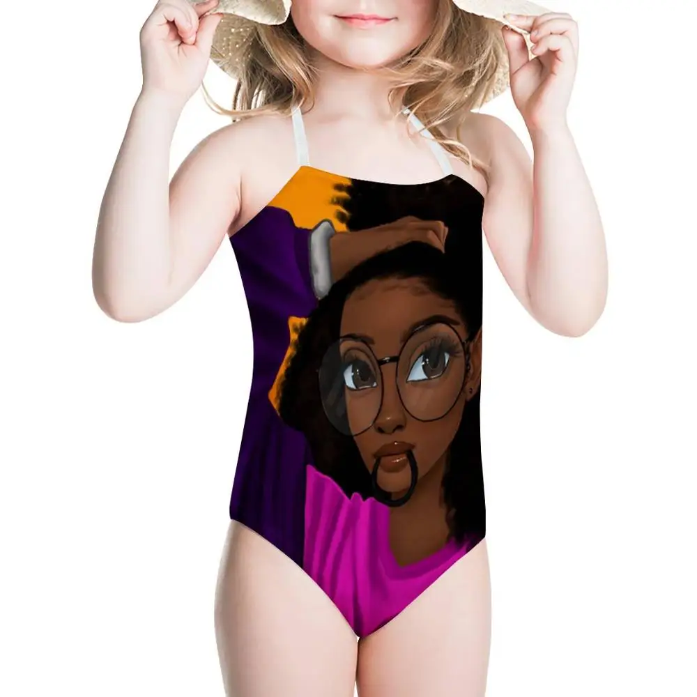 HYCOOL New Black African Girl Tie Hair Pattern One Piece Swimsuit for Teenager Kids Baby Girls Swimming Bathing Suit Beach Wear