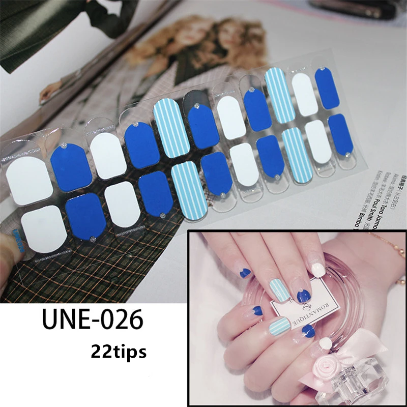 22 Типсы/лист для дизайна ногтей, полное покрытие, самоклеющиеся наклейки, полированная фольга, Переводные советы, обертывания, 3D Водонепроницаемый Маникюр-наклейки для ногтей - Цвет: UNE026