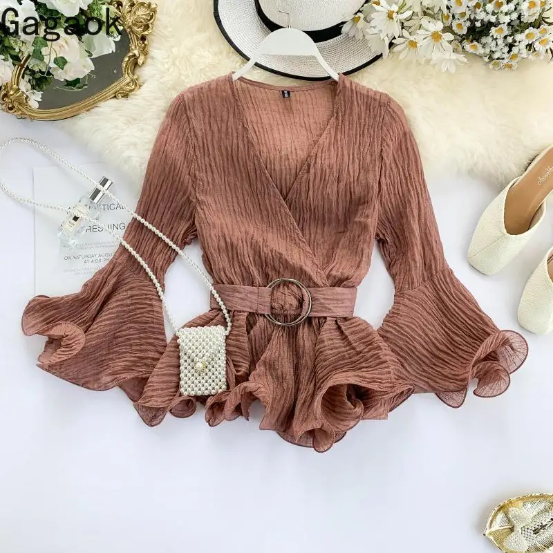 

Gagaok Women Office Lady Chiffon Blouse Spring Autumn New Solid V-Neck Flare Sleeve Sashes Slim Chic Wild Female Fashion Shirts