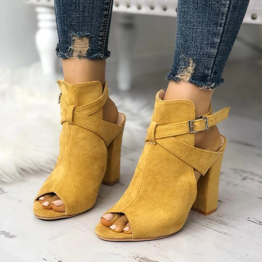 

Women Ankle Boots Suede High Heeled Peep Toe Boots Buckle Strap Hollow Out Square Heels Boots Fashion Female Flock Booties D25