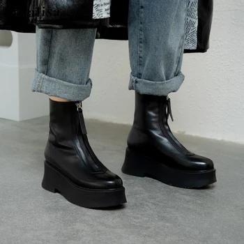 

CIALISA Ankle Boot Genuine Leather Round Toe Platform Zipper Chunky Heel Shoes 2020 New Design Wedge High Heel Women Boots