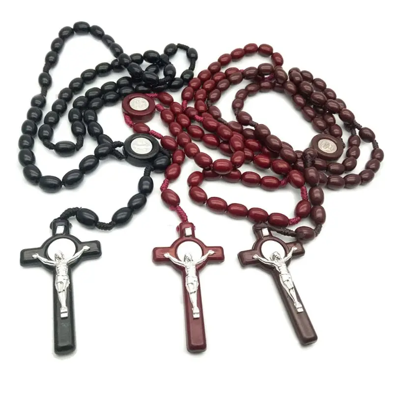 Деревянные бусины Иисуса 8 мм Четки из бисера крест кулон ожерелье плетеная веревка цепь ювелирные изделия аксессуары E65B
