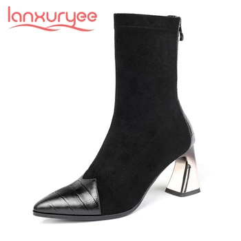 

Lanxuryee plus size genuine leather pointed toe high heel winter shoes keep warm young lady elegant fashion mid-calf boots L0f4