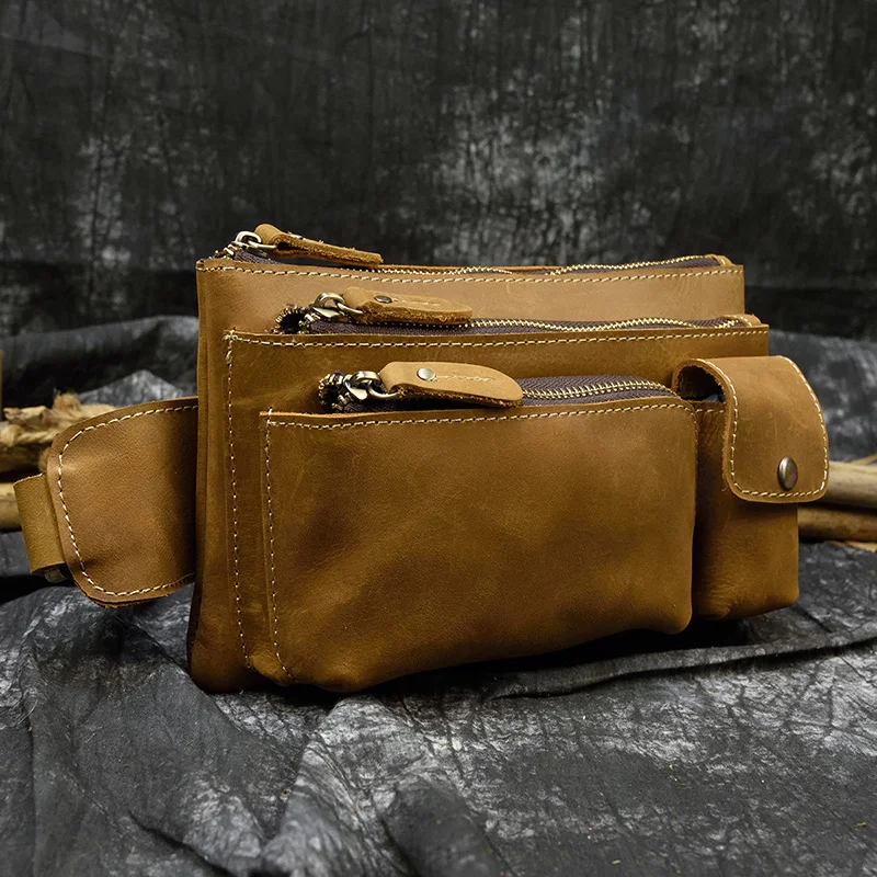Light Brown Luufan высококачественная повседневная поясная сумка для мужчин, Мужская винтажная поясная сумка из натуральной кожи, мужская сумка на пояс с двойной молнией, чехол для телефона - Цвет: Light Brown