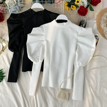 

Women's Short T Shirt Ruffles Tops french Retro Stand Collar Shirt Slim Fit Ruffles Swing Wild Puff Sleeve Tops Tide LS284