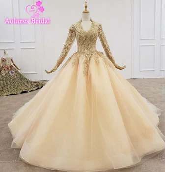 

Latest Muslim Bride Lace Ball Gown Wedding Dresses 2019 gold lace beads V Neck Lace Up Back Bridal Wedding Gowns Plus Size