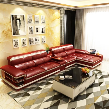 Sofá nórdico de cuero auténtico con forma de L para sala de estar, sala de estar, futón, puerta a puerta