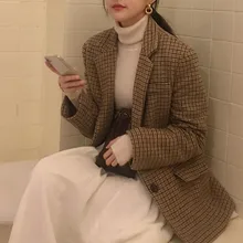 Осеннее женское корейское винтажное клетчатое пальто с длинными рукавами и отложным воротником, плотная тонкая однобортная зимняя женская куртка, элегантная