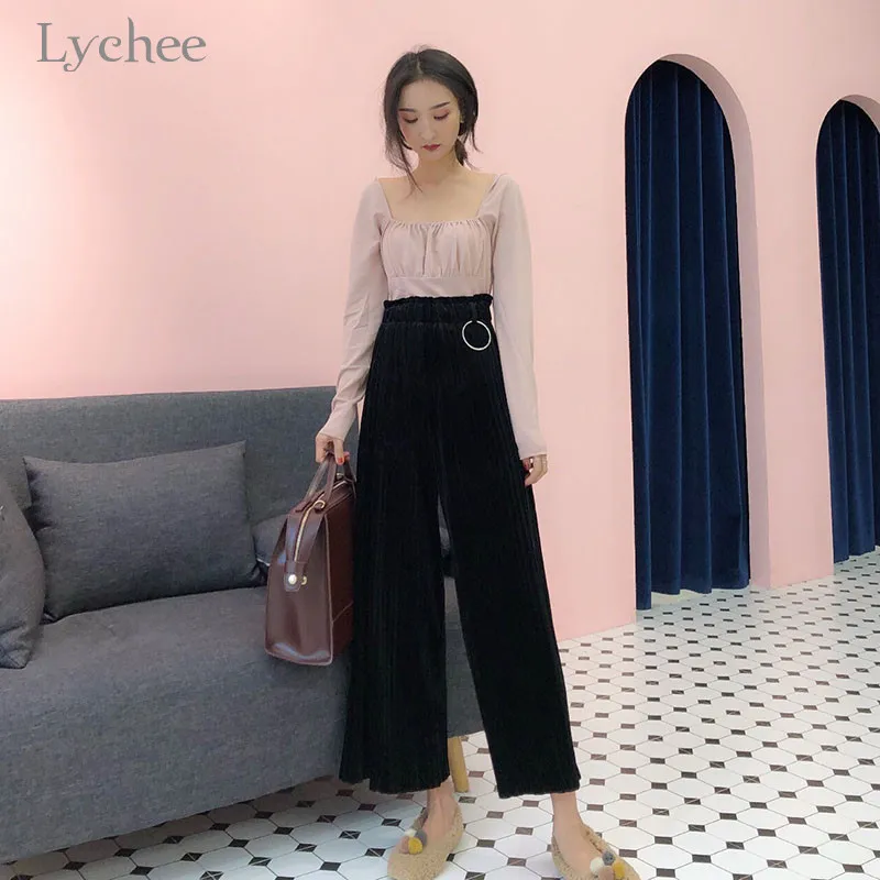 Lychee в стиле Харадзюку, однотонные бархатные плиссированные женские штаны с оборками и высокой талией, широкие женские брюки, свободные весенне-осенние женские штаны