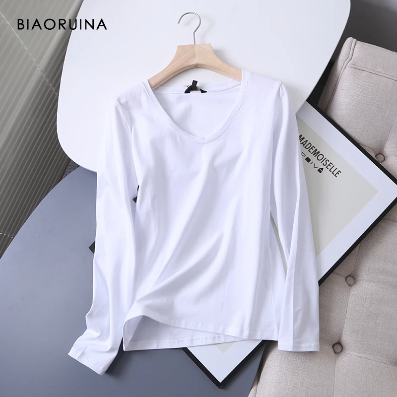 BIAORUINA Womens Cotton Basic All-match V-neck T-shirt Long Sleeve Korean Style Slim Everyday Tees Casual Tops