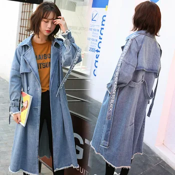 

2019 Autumn Women Denim Trench Coat Long Coats Turn down Collar Double Breasted Long Sleeve Coats Womens Windbreakers