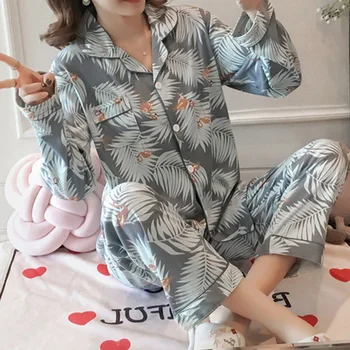 

Pyjama Womens Pajamas Sets Long-sleeved Sleepwear Suits Girl Fashion Casual Outerwear Sleepwear Night Suit Print Summer Cotton