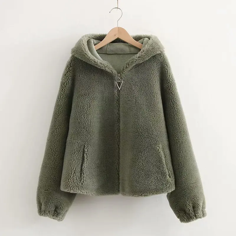 army green Повседневное однотонное Женское пальто с мехом, Осень-зима, новое модное свободное Женское пальто с капюшоном, элегантное женское пальто на молнии с карманами - Цвет: army green