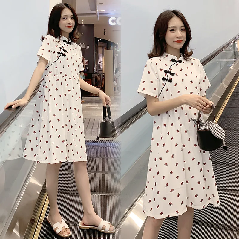 

2019 Hot Mom New Style Medium-length Skirt-Style Fashion Mom Loose-Fit National Wind Retro Cheongsam Short Sleeve Maternity Dres