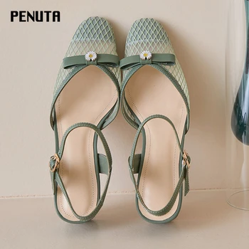 

2020 PENUTA Sweet Lolita Shoes Ankle Strap Heels Lace Sandals Fashion Designer Ladies Footwears Green Beige Bowtie Shoes X0031