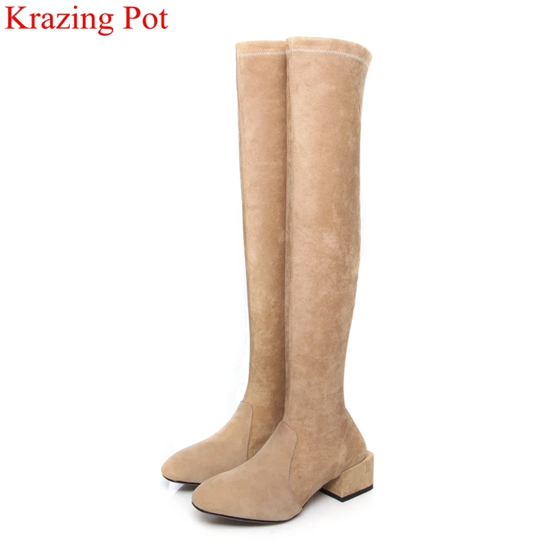 

superstar high quality flock round toe high heel slip on over the knee boots solid warm thigh high boots party winter shoes L2f3