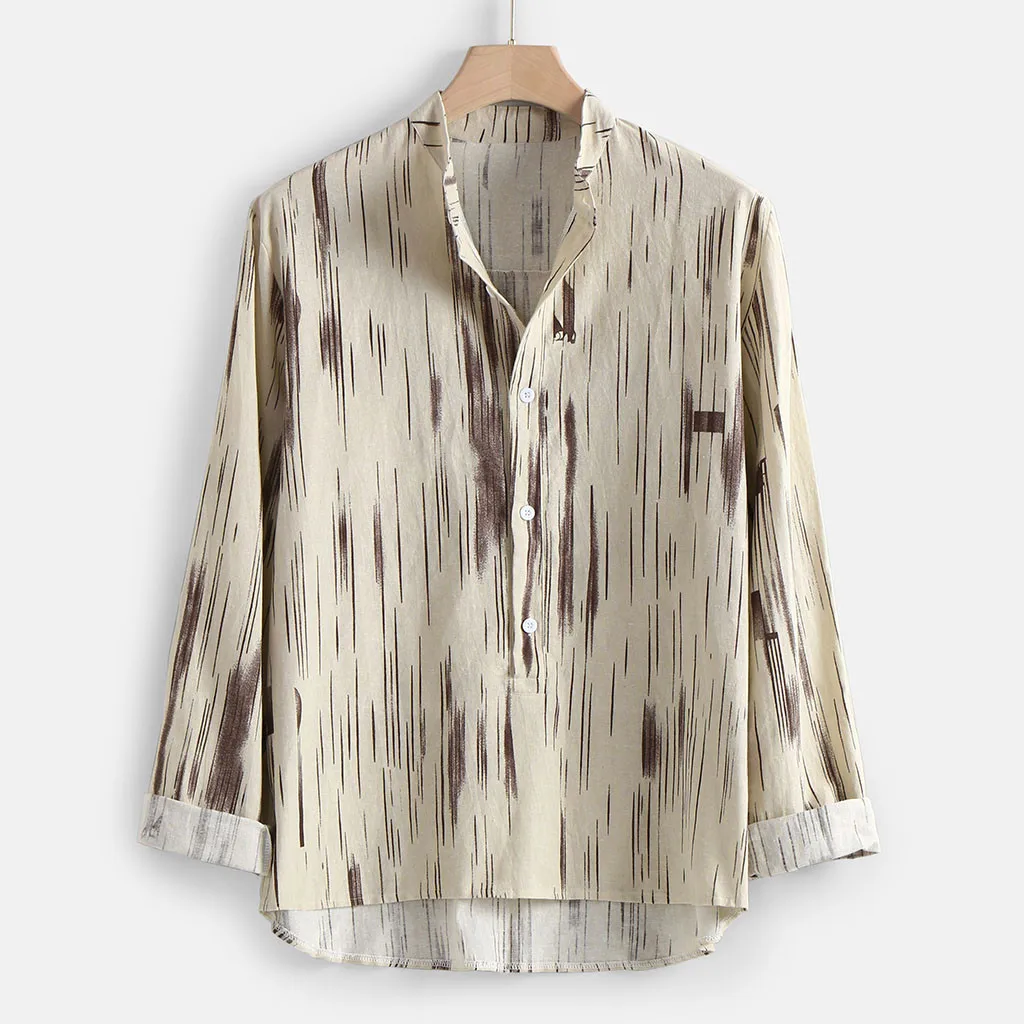 Camisa мужская рубашка Осенняя свободная модная повседневная хлопковая и льняная рубашка с принтом топы с длинными рукавами Блузка мужская chemise homme Новинка