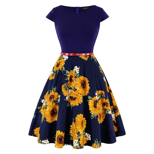 MISSJOY, плюс размер, 4XL, платье, kleding vrouwen, винтажное, элегантное, с рукавом-крылышком, с лимонным цветочным принтом, на булавке, модные платья, kerst jurk - Цвет: Navy Yellow