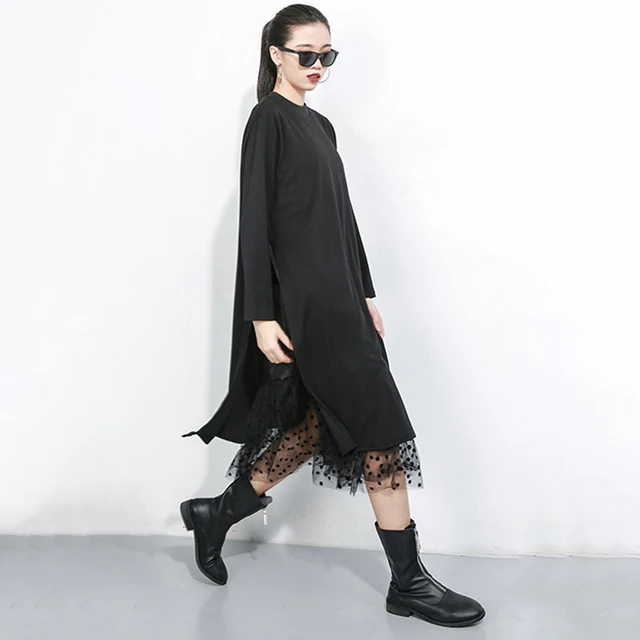 [EAM] Women Black Mesh Dot Split Joint Dress New Stand Collar Long Sleeve Loose Fit Fashion Tide Spring Autumn 2022 1B593 5