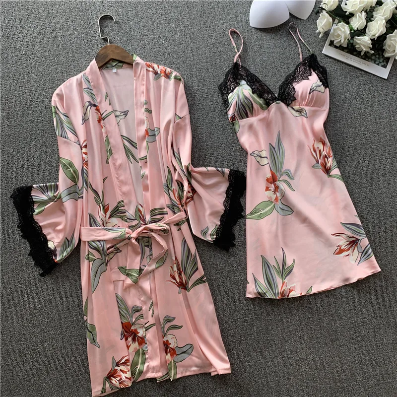 

Lisacmvpnel Sexy Women Robe Set Lace Printing Silk Robe Long Sleeve Silk Bathrobe
