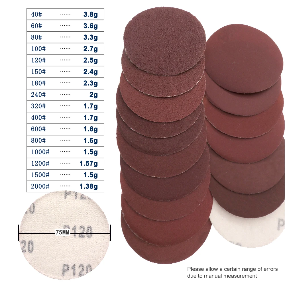 Sanding Discs Polish Sand Paper 3 Inch 75mm Aluminium Oxide 60 to 2000 Grits for Metal Auto Wood