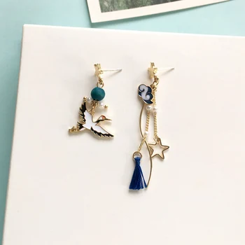 

S925 needle Women Jewelry Earrings Lovely Crane Asymmetrical Creative Cloud Dangel Drop Earrings For Girl Students Gifts