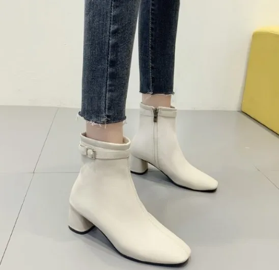 

Zipper Low Heels booties Lady Boots Women's Shoes Autumn Bootee Woman 2019 Leather Booties Ladies Chunky Med High Heel Ankle