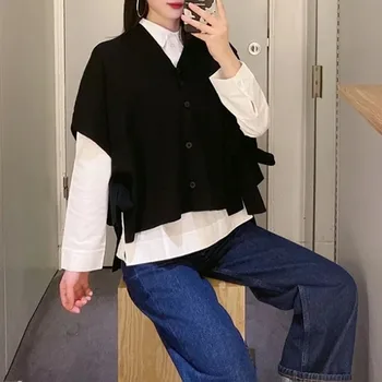 

Black Color Asymmetry Side Lace-up Knit Vest V-neck Loose Single Breasted 2020 Spring New Knit Sweater Cardigan