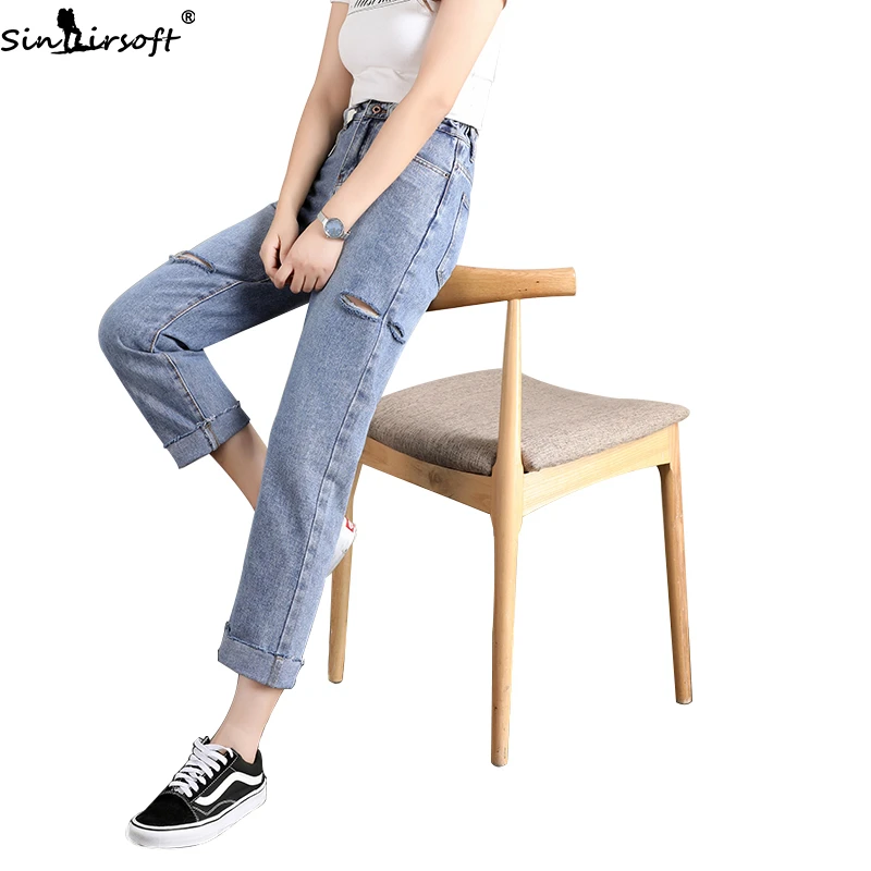 

2019 Autumn New Light Color Loose Hole Raw High Waist Jeans Woman Free Fashion Trend Was Thin Wild Straight Denim Pants Women