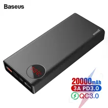 Baseus 20000 мАч Внешний аккумулятор USB C PD Быстрая зарядка 3,0 20000 мАч Внешний аккумулятор для Xiaomi Mi 9 портативное Внешнее зарядное устройство