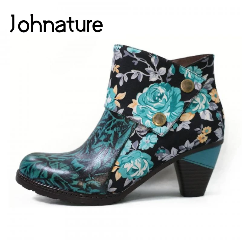 

Johnature Ankle Boots For Women Genuine Leather Zip Round Toe Platform Boots 2019 New Winter Flower Sewing Handmade Women Shoes