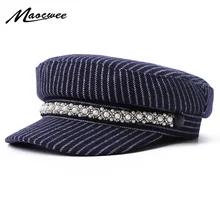 Осенняя и зимняя жемчужная военная шляпа шляпы с плоским верхом хлопковая темно-синяя шапка берет Женская зимняя Осенняя Весенняя полосатая шапка черная военная шапка