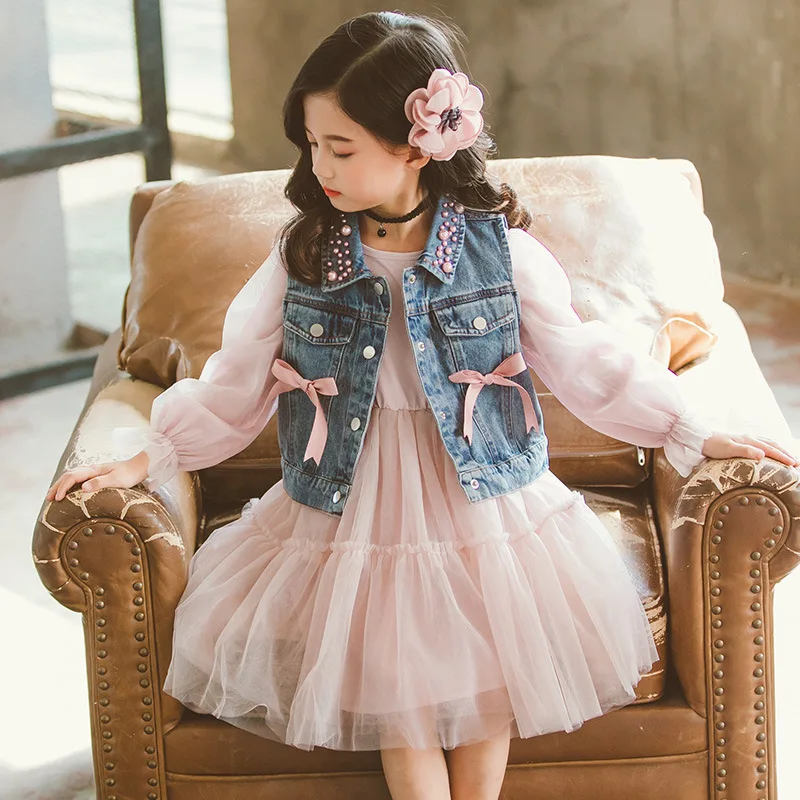 

2019 New Style Girls Denim Waistcoat Two-Piece Set Female Baby Vest One Piece Mesh Dress Set Fashion Suit Skirt