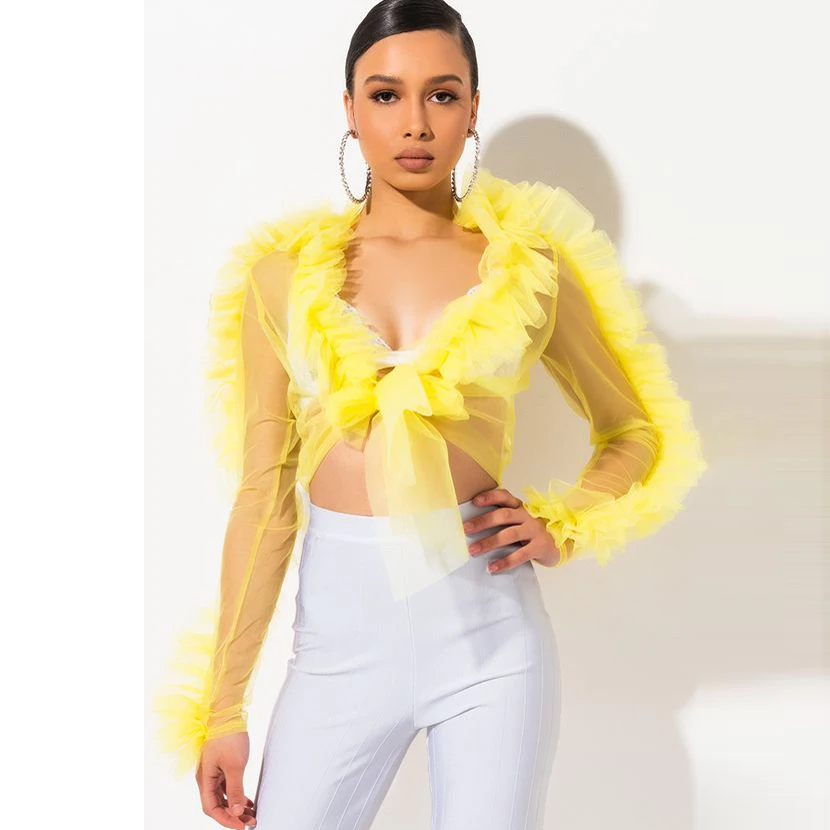 Long Sleeve Ruffle Tulle Blouse Sheer 