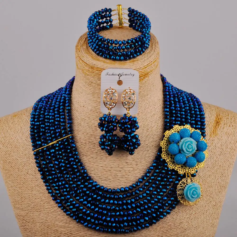 

Blue Plated African Beads Jewelry Set Nigerian Wedding Necklace Crystal Bridal Set