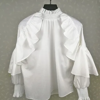 

White Women Blouse Ladies Ruffle Sleeve Shirt Stand Collar Loose Female Blouses And Tops Clothes