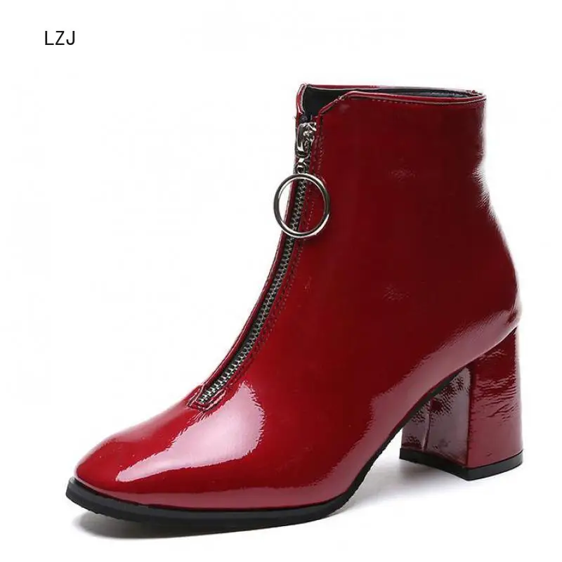 LZJ-Botas con cremallera para mujer, Botines grandes abiertos por delante,  de media caña, de tacón alto grueso, de charol, invierno, 2019 - AliExpress  Calzado