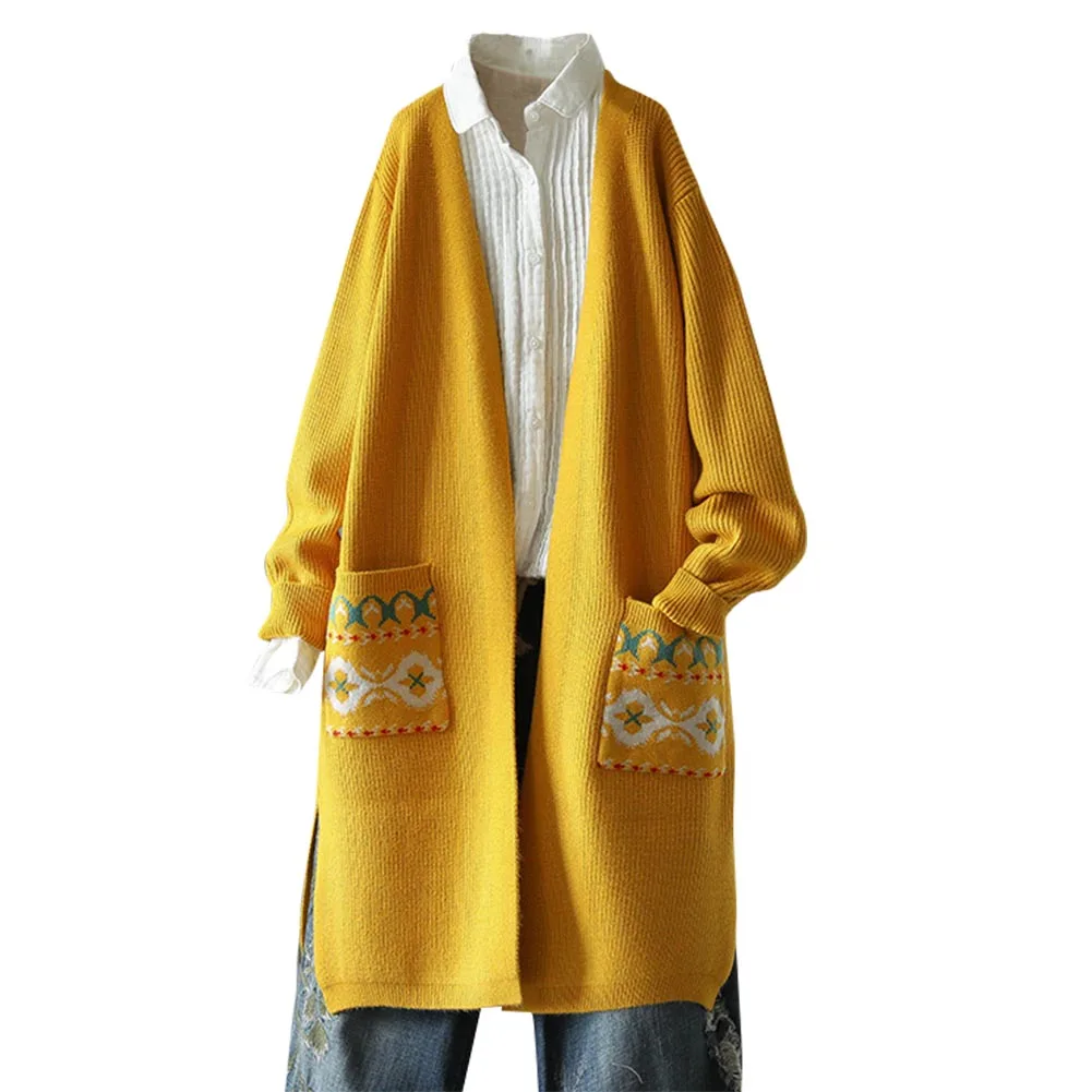 Цвет: желтый Women Knit Cardigan Long Sleeve Embroidered Sweater Open Front Cardigan Outwear TY53 - Цвет: Цвет: желтый
