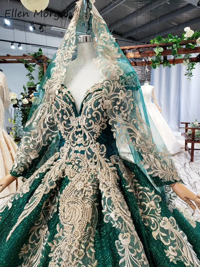Арабский мусульманский темно-зеленый Свадебные платья Блестящие Длинные бальные платья рукав средней длины Блестки вечерние для женщин