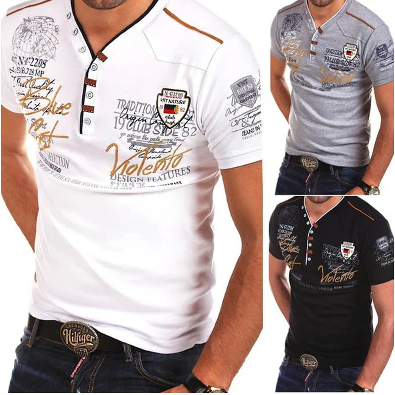 Брендовые летние мужские рубашки с коротким рукавом, модные хлопковые рубашки с v-образным вырезом, облегающие мужские топы, повседневная мужская рубашка, футболки с принтом