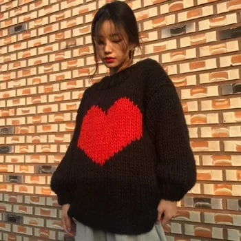 

Kawaii Red Heart Jacquard Sweater Women Casual Puff Sleeve Pullover Jumpers Long Knit Sweater Tops Korean Streetwear One Size