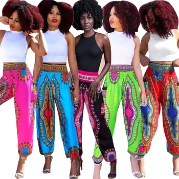 

Newly Woman African National Style Wide Leg Pants Casual Loose Summer Boho Beach Wear Lady Elastic Waist Bazin Riche Trousers