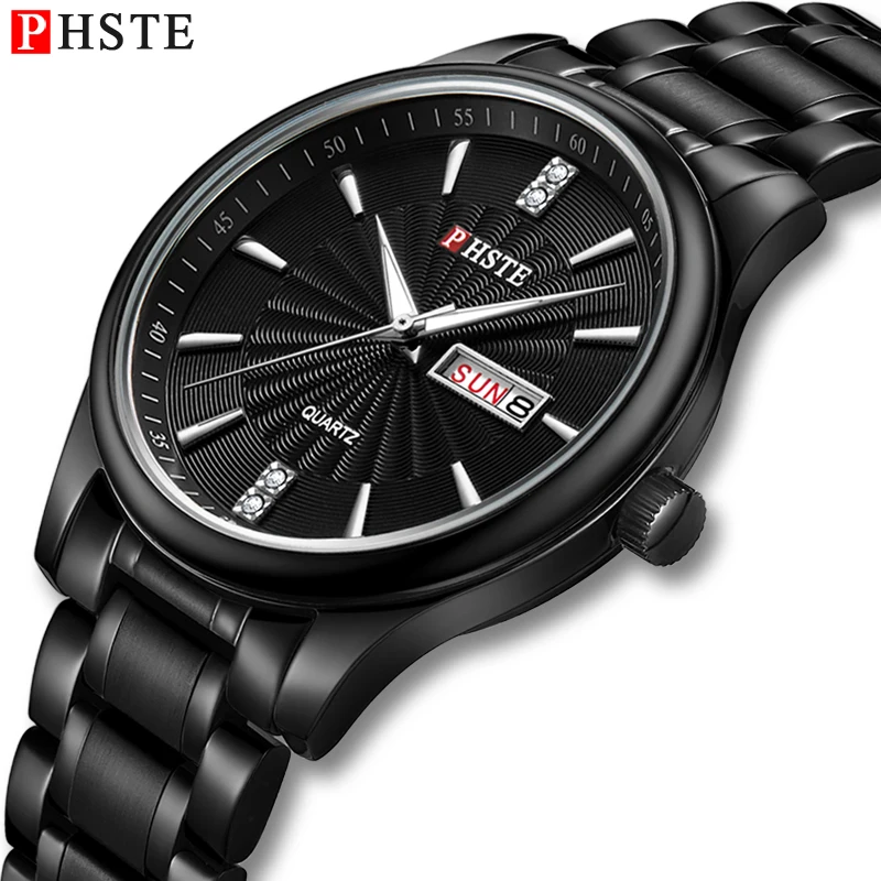

PHSTE Men Quartz Watch 316L Solid Stainless Steel Band Day Date Luminous Japan Movt Waterproof Luxury Male Wrist Watch Man Black