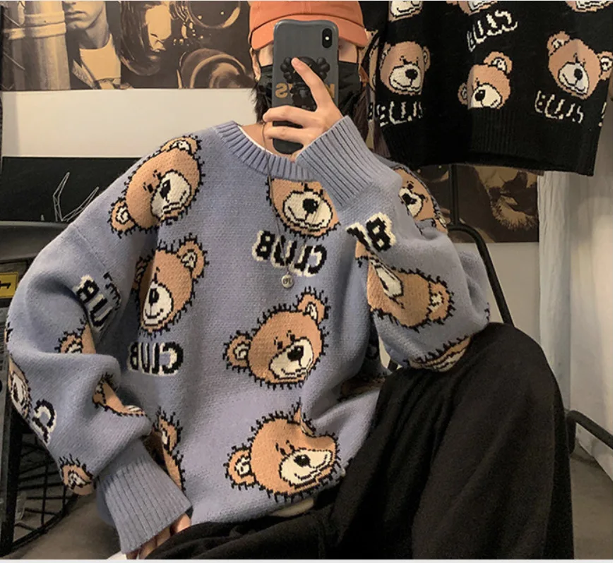 Sweater Men Harajuku Fashion Hip Hop Streetwear Cute Cartoon Bear Thicken  Pullover O-neck Oversize Casual Couple Male Sweaters _ - AliExpress Mobile