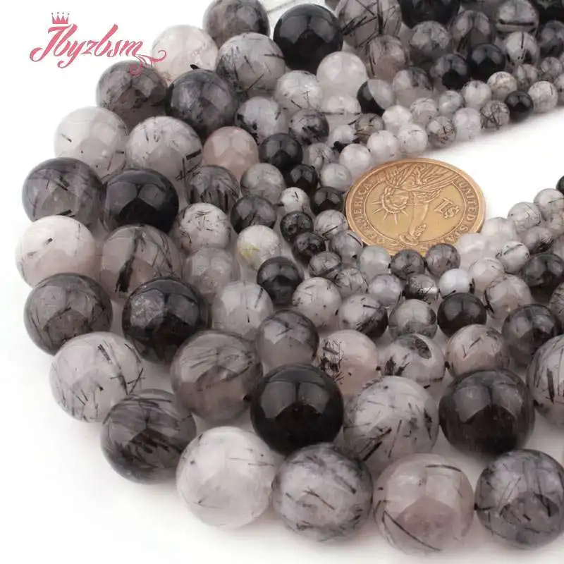

Round Smooth Faceted Black Gold Rutilated Natural Quartz Bead 15 inch for DIY Necklace Bracelet Jewelry Making 2/3/4/6/8/10/12mm